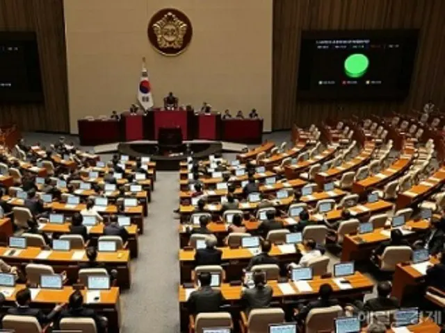 9日午後、ソウル市汝矣島の国会で本会議が開かれた中、黄色い封筒法が野党単独で可決される様子