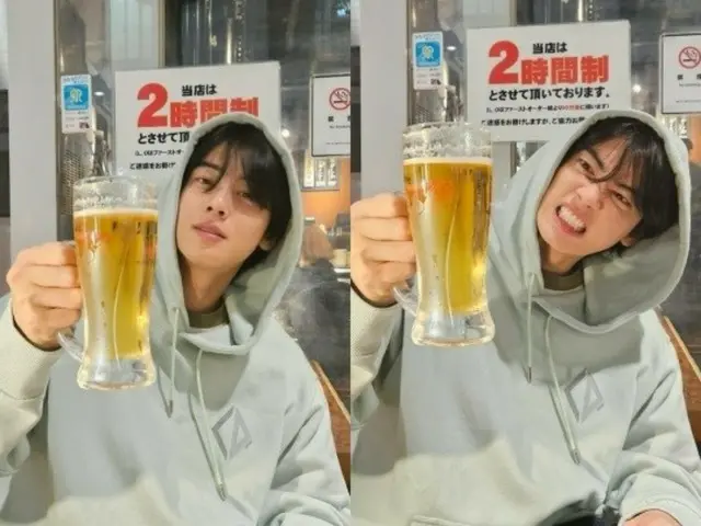 チャウヌ（ASTRO）、日本で飲み放題体験？生ビールのジョッキを片手に気さくな表情…フードで隠れたイケメンビジュアル