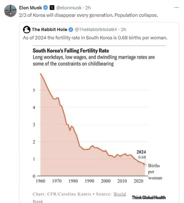 マスク、韓国の少子化問題にまた警告…「人口の3分の2が減少する」